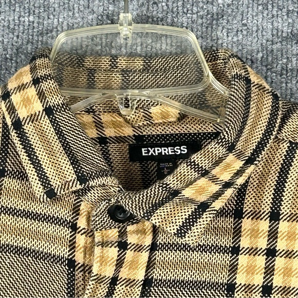 Express Plaid Flannel Shirt Mens Large Brown Tan Cotton Button Up Casual - Picture 5 of 11